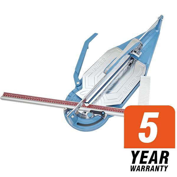Tile cutter with a 5-year warranty label on a white background