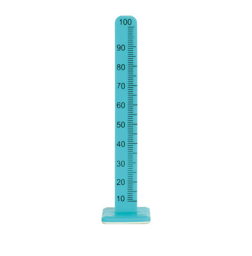 Blue ruler with measurement markings on a white background
